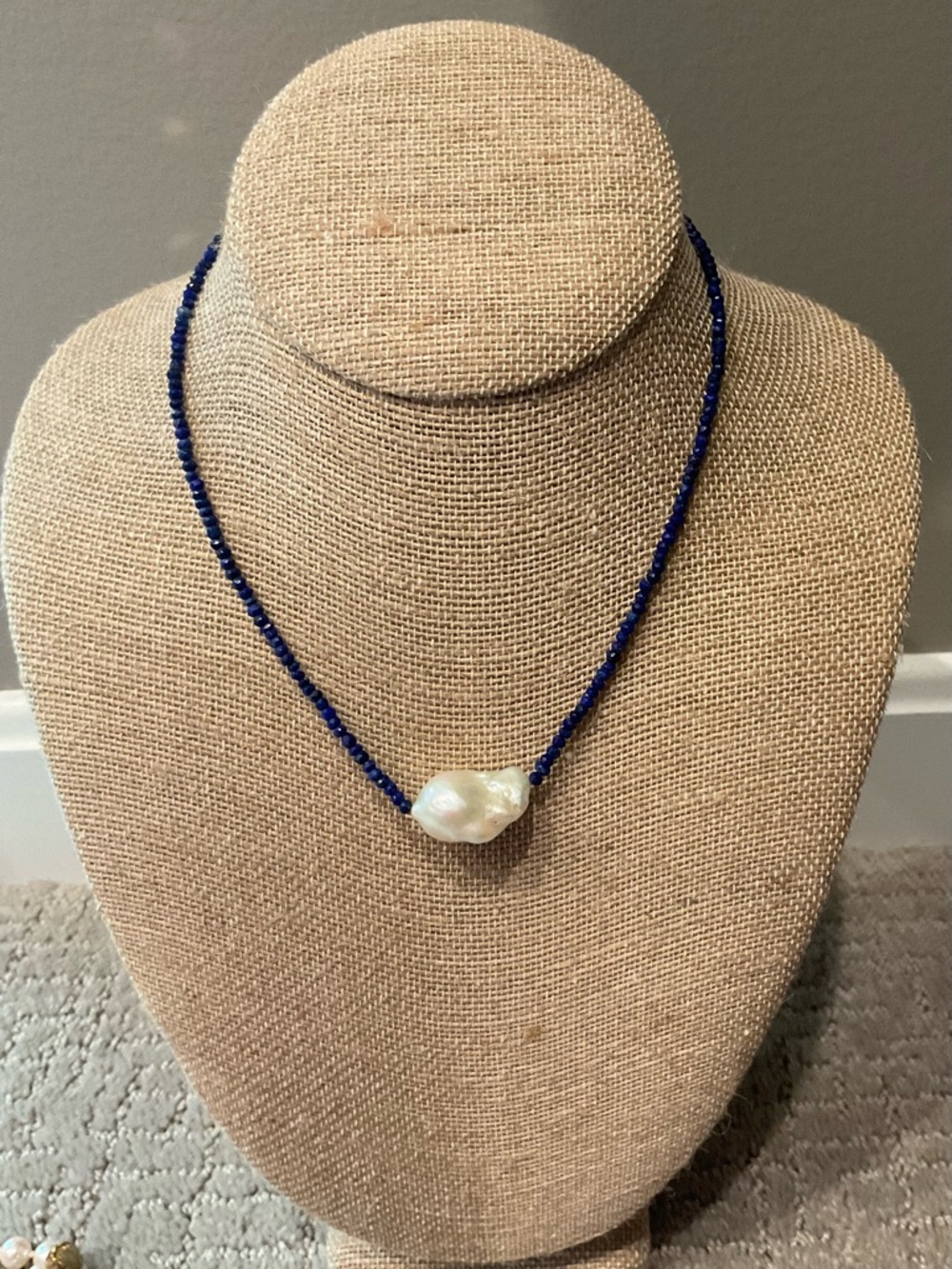 Handcrafted Navy semi-precious stone necklace with freshwater pearl
